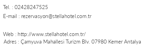 Stella Hotel Kemer telefon numaralar, faks, e-mail, posta adresi ve iletiim bilgileri